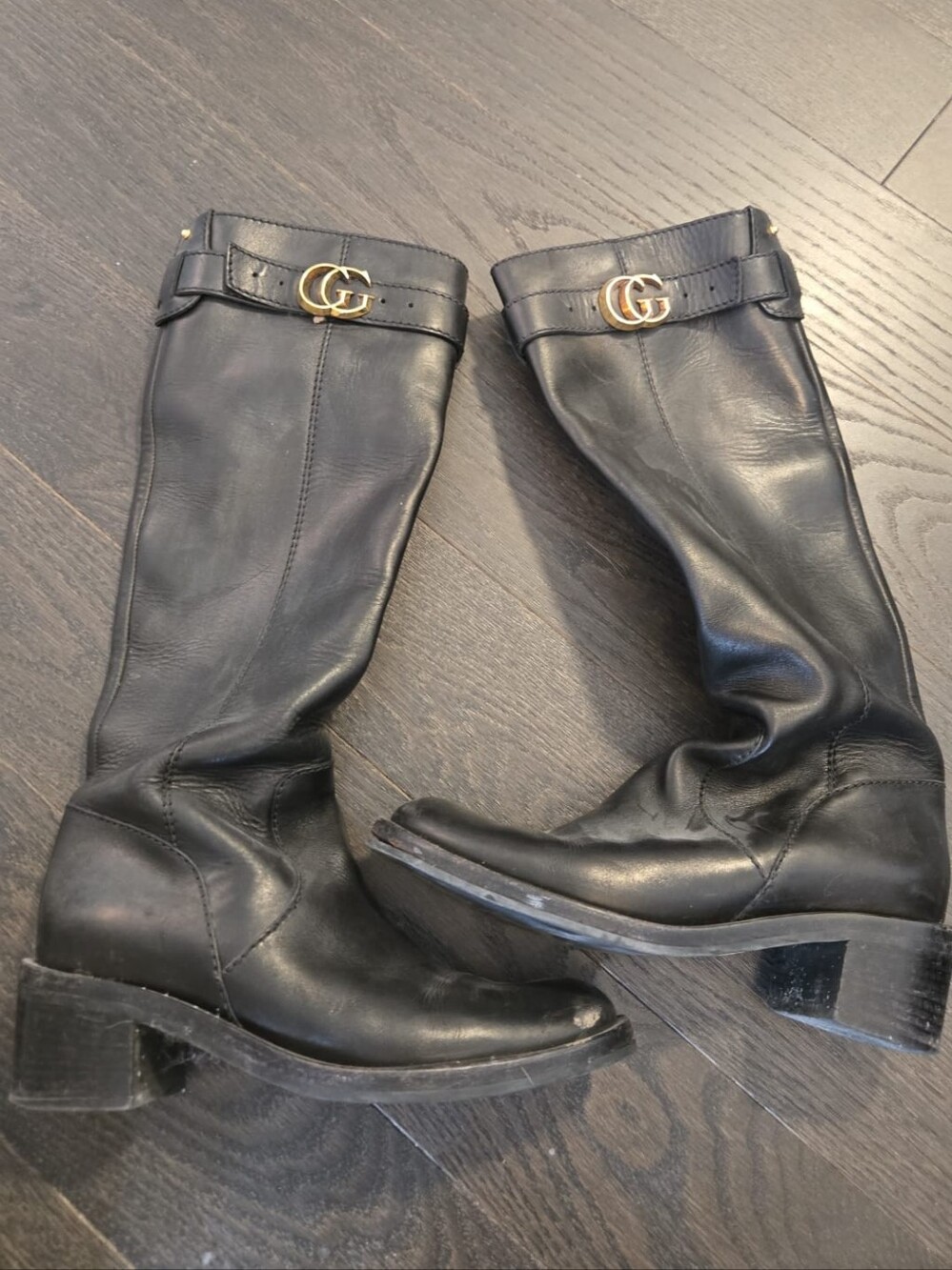 Gucci Black Leather Over-the-Knee Boots with Gold Double G